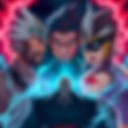 Shiki stands determined as he confronts Drakken Joe and Poseidon Shura, highlighting their intense rivalry. Shiki's expression shows resolve, while Drakken Joe and Poseidon Shura appear fierce and rea...