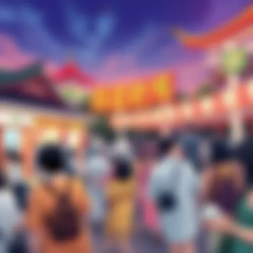 A vibrant gathering showing people engaged in shikonokonoko activities, displaying unique cultural elements and fashion, highlighting community interactions.