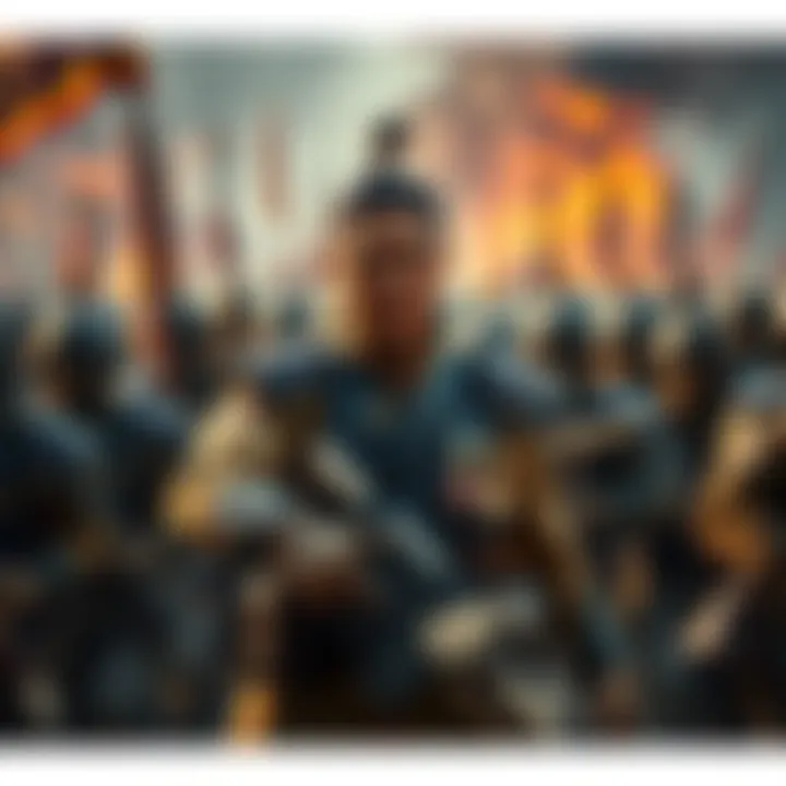 Shin stands confidently at the forefront, directing soldiers with a determined expression during a military engagement.