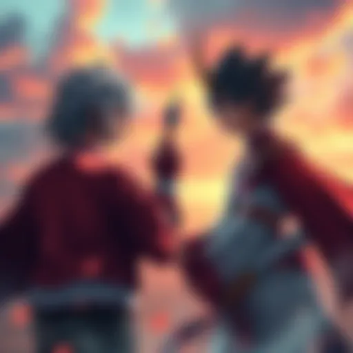 Shin and Riboku face each other, ready for an intense duel with a dramatic sky behind them.