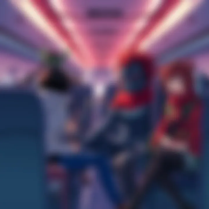 A group of popular Shingeki no Kyojin characters seated together on an airplane, discussing travel plans for a long flight.