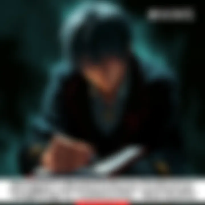 A Shinigami holding a Death Note, writing a child's name, with a dark and eerie backdrop.