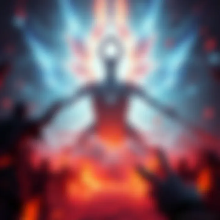 Shinigami's Coffin surrounded by dark energy as Ahura Mazda rises from Niflheim during battle, showcasing a shift in power and intensity.