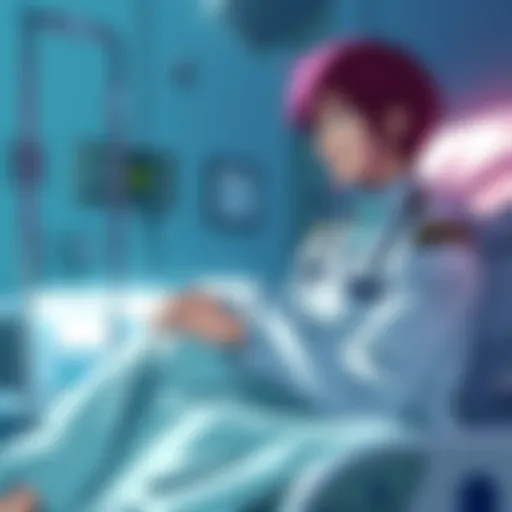 Shinji Ikari sits beside Asuka Langley Soryu in a hospital room, showing concern and care for her well-being.