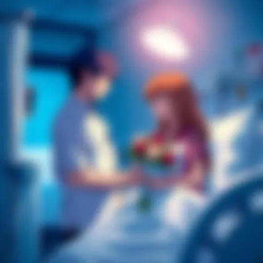 Shinji stands beside Asuka's hospital bed, smiling and holding flowers, showing his support.