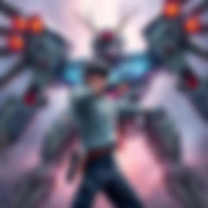Shinji, a young man, stands bravely in a battle pose against a giant robot from the Eva series in a dynamic scene.