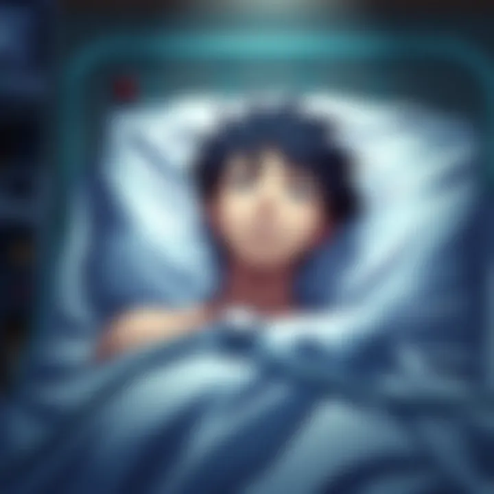 Shinji looking distressed in a hospital bed Shinji, a young boy with dark spiky hair, lies in a hospital bed with a pained expression, surrounded by medical equipment, reflecting his inner turmoil.