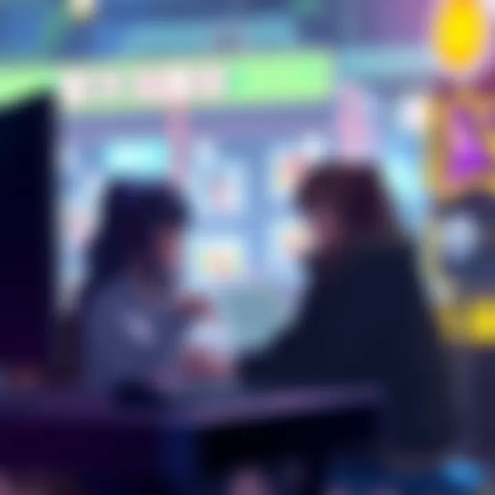 Shinji and Rei are gathered around a gaming console, focused and ready for their new challenge in a vibrant game setting.