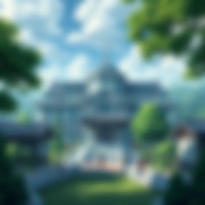 A modernized view of Shinobi Academy in Naruto, featuring advanced architecture while maintaining traditional Japanese elements, surrounded by lush greenery and Konoha's village atmosphere.