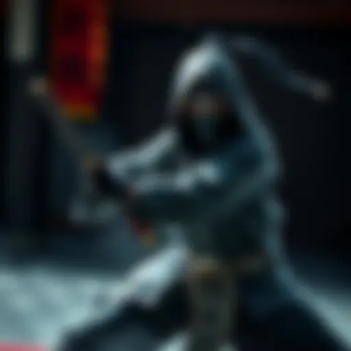 A shinobi in traditional attire performs ninjutsu techniques while wearing a mask, demonstrating agility and skill in a dynamic pose.