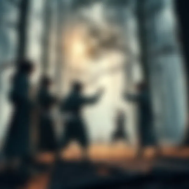 Shinobi Training Session A group of shinobi training with their mentors in a forest, showcasing different abilities and techniques.