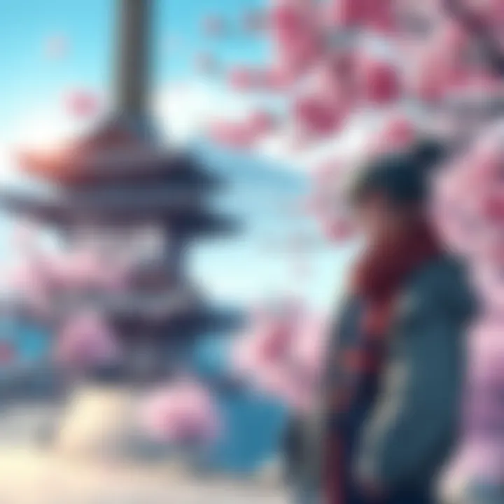 Shinri in Japan Shinri standing in front of a traditional Japanese landscape with cherry blossoms in bloom.