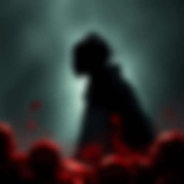 A shadowy figure representing Shion, with a dark background and abstract shapes symbolizing unsettling behavior, hints of infants in the foreground