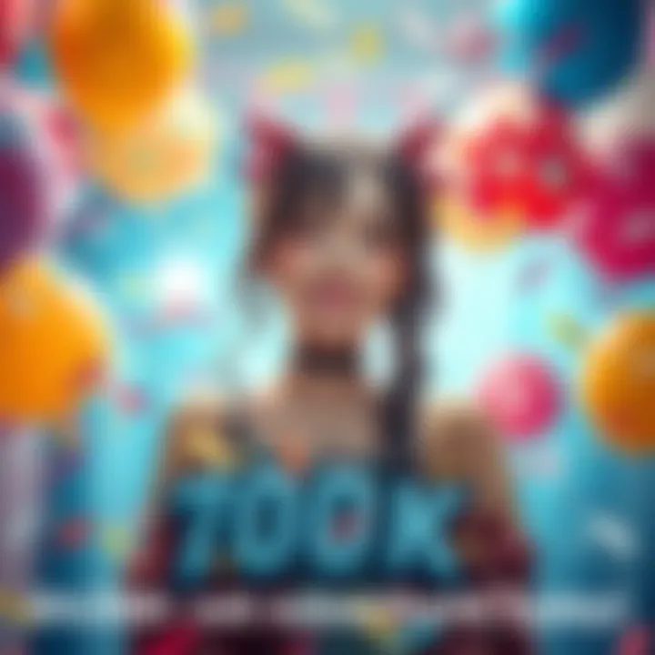 Shiori Celebrates Subscriber Milestone Shiori smiling with confetti around her, celebrating her 700,000 subscriber achievement, surrounded by colorful decorations and balloons.