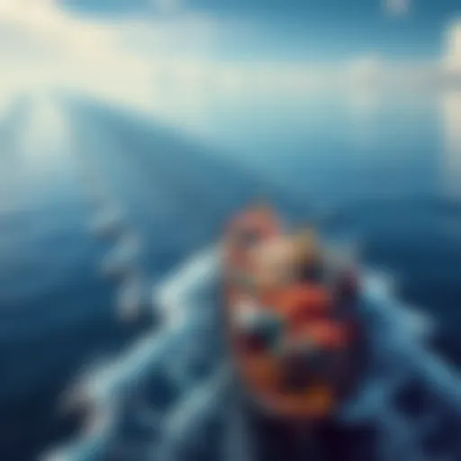 A cargo ship navigating through calm waters, showcasing the mechanics of ship movement with visible waves.