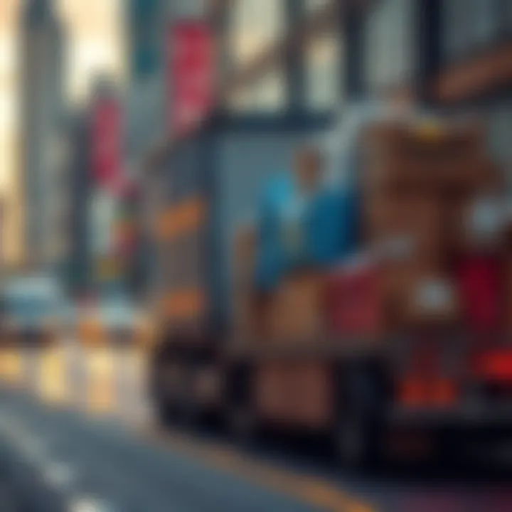 A shipping truck loaded with packages ready for delivery on a busy street.
