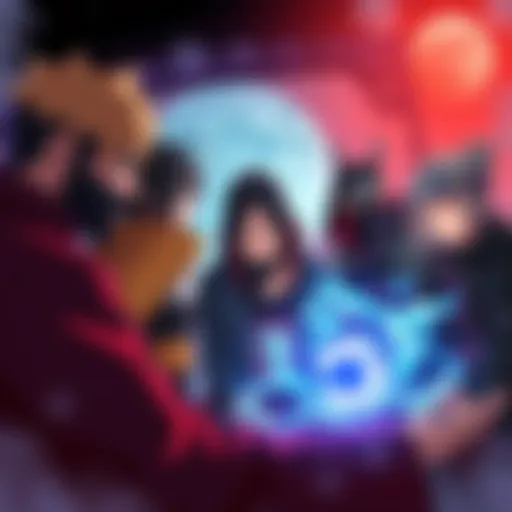Illustration showing key characters from Shippuden discussing unanswered lore questions, with a focus on Uchiha, Itachi, and Senju clans