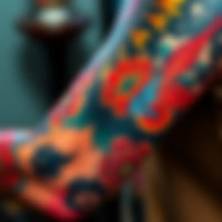 A close-up of a colorful Shiraishi tattoo on a person's arm, showcasing intricate details and artistry.