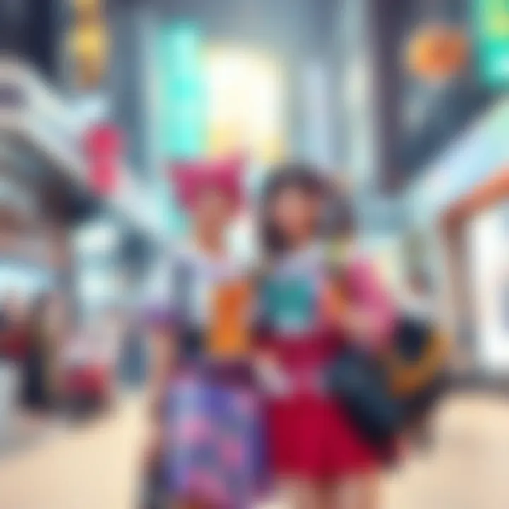 A person dressed as Shizuku in a colorful outfit stands beside a friend, both smiling and enjoying their time together in a lively setting.