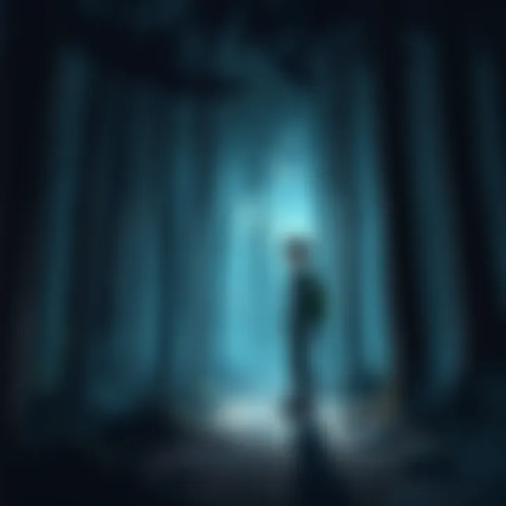 A character named Shizuku stands alone in a dark forest, looking worried and lost, highlighting the tension of her possible fate.