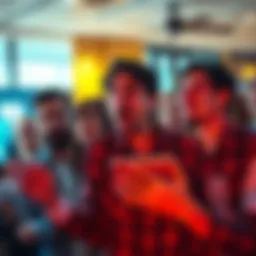 A group of shocked and surprised people discussing recent news in a lively setting