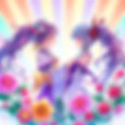 Shokohime Artwork A vibrant illustration of Shokohime, featuring two female characters in a warm embrace, surrounded by colorful flowers and a bright rainbow background.