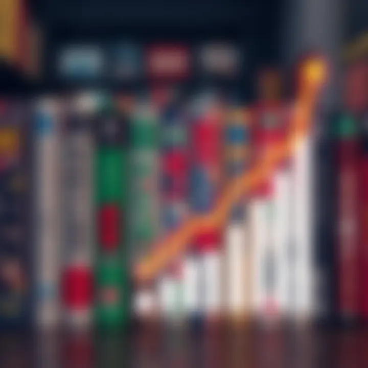 A group of Shonen Jump manga volumes lined up, with a rising graph illustrating their potential popularity after anime adaptations.