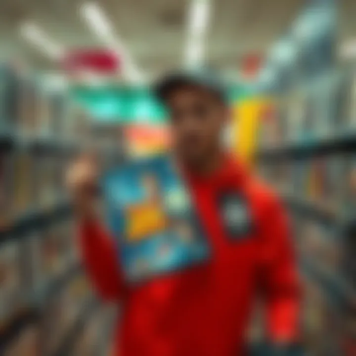 A person holding a rare DVD set at Half Price Books, looking unsure about the purchase, surrounded by shelves of other DVDs