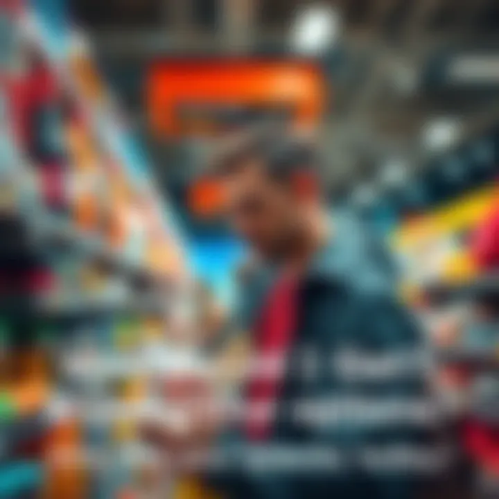 A person looking at various products in a store, weighing options for a purchase