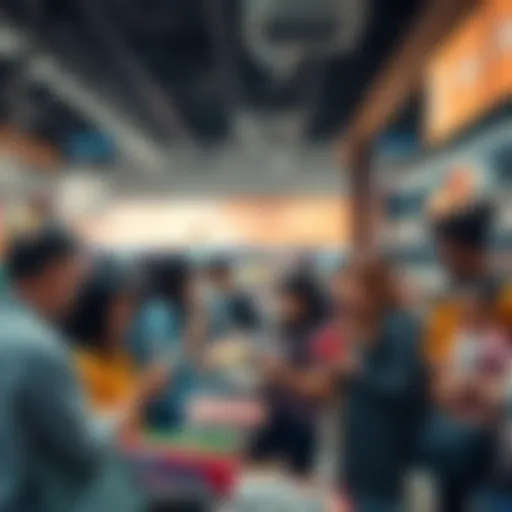 A diverse group of people browsing products in a store, exploring options for their next purchase, with various items on display.