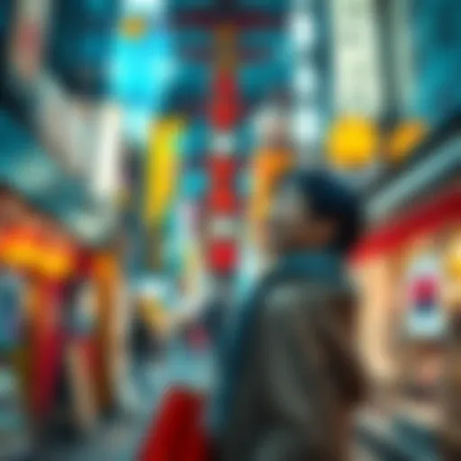 A person enjoying their first shopping experience in Tokyo, surrounded by vibrant shops and colorful displays.