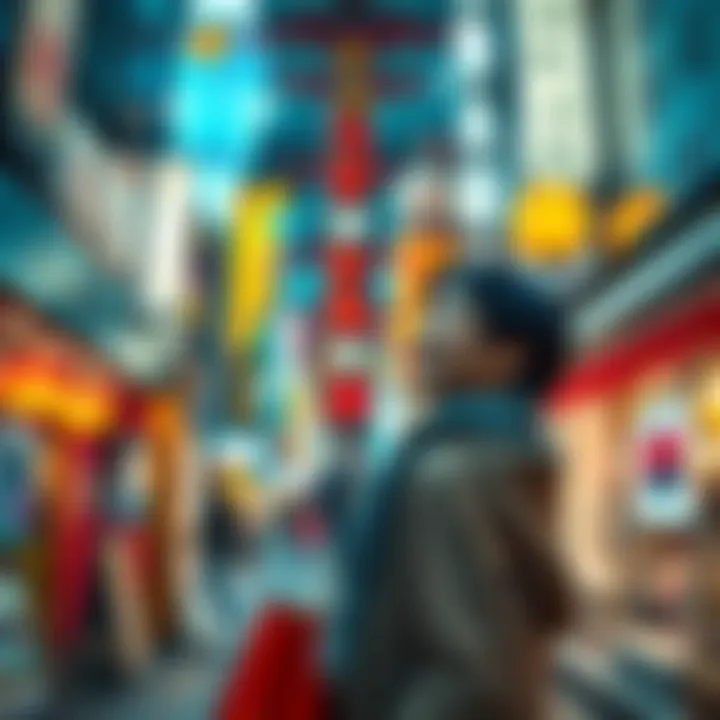 A person enjoying their first shopping experience in Tokyo, surrounded by vibrant shops and colorful displays.