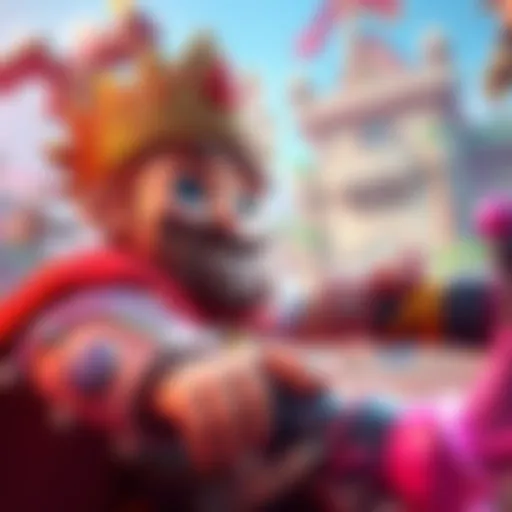 A fantasy character known as the Short King, wearing a royal outfit, engaged in gameplay with a joyful expression, surrounded by vibrant game graphics and elements.