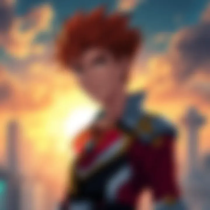 Shoto stands confidently as the second-ranked hero Shoto, a young hero with striking hair, poses confidently in a hero outfit, with a distant city skyline behind him, symbolizing his strength and independence from his father's legacy.