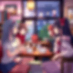 A group of shoujo anime characters enjoying time together in a café, surrounded by books and coffee.