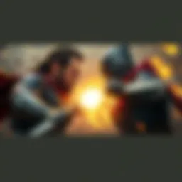 Showdown Between Two Heroes Two famous characters face off in an intense battle scene, each showcasing their unique skills and strengths, surrounded by a dynamic background that highlights the epic confrontation.