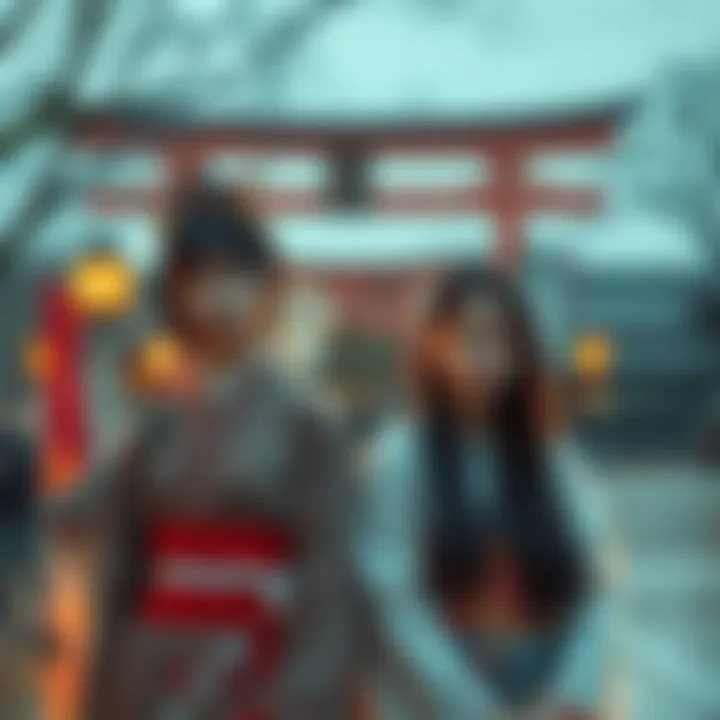 A shrine maiden in traditional attire stands next to her girlfriend, both looking concerned. The background features a serene shrine setting, reflecting community tensions.