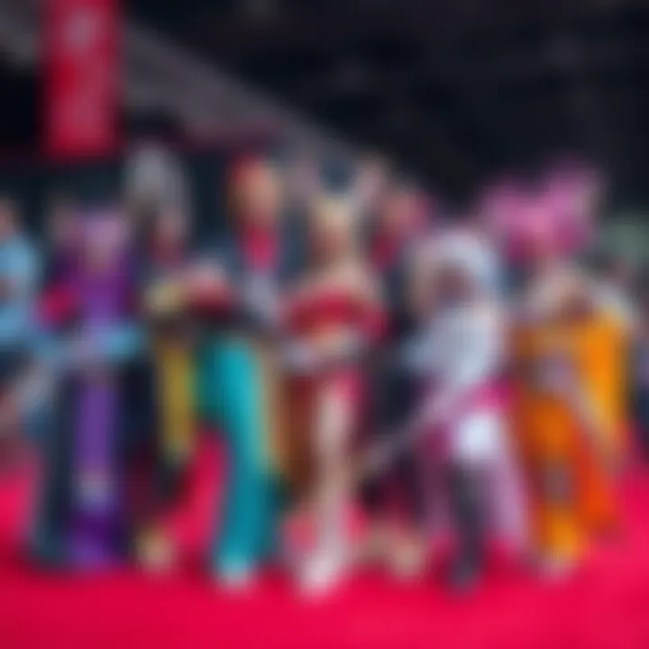 Fans in vibrant Shun costumes posing together at a convention, showcasing their creativity and passion for cosplay