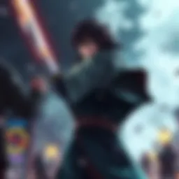 Shunsui stands tall after a fierce fight, showing signs of survival with a determined look on his face, surrounded by a dimly lit battlefield.