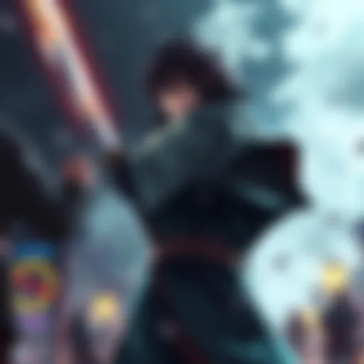 Shunsui stands tall after a fierce fight, showing signs of survival with a determined look on his face, surrounded by a dimly lit battlefield.