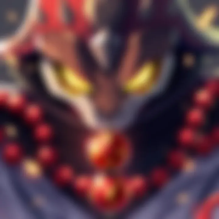 An illustration showing Shura Krigakure's snake eyes alongside the Prayer Beads of Destruction, highlighting their potential combination in gameplay.