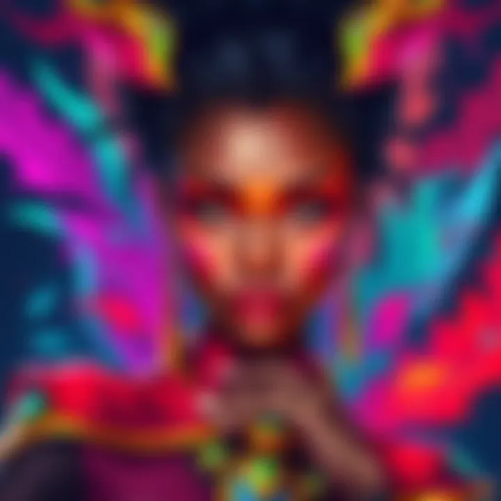 Shuri's Colorful Transformation Shuri surrounded by vibrant colors that represent her visual evolution and artistic style.