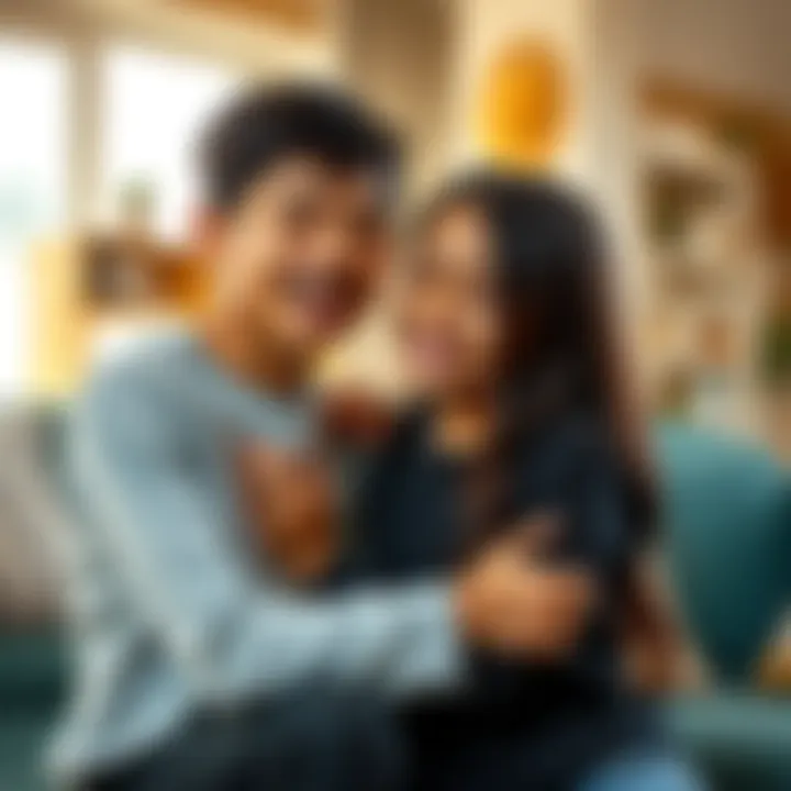 Two siblings smiling and embracing each other in a warm setting, showing love and support.