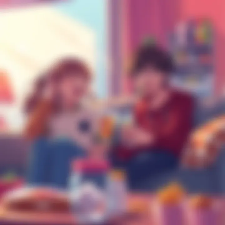 Two siblings laughing together while watching comedy anime on a couch, surrounded by snacks and drinks.