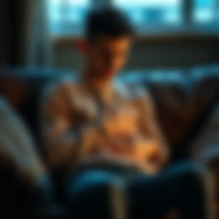 Sick person holding stomach A person sitting on a couch with a pained expression, holding their stomach, illustrating the discomfort of food poisoning.