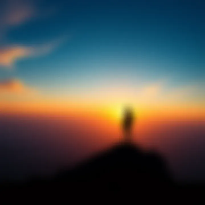Silhouette of a person in quiet reflection A lone figure standing on a hilltop, looking at a vast, peaceful landscape during sunset, symbolizing silence and simplicity.