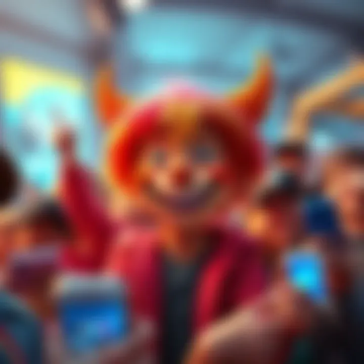 A cheerful character with a big smile and colorful outfit, surrounded by joyful fans on social media