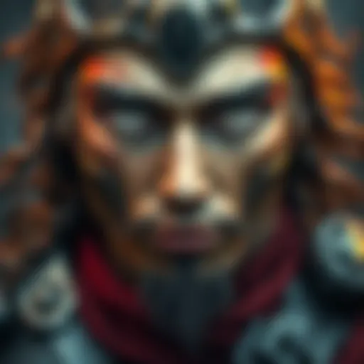 Artwork featuring a warrior character with striking silver eyes, showcasing detailed design and artistic themes.