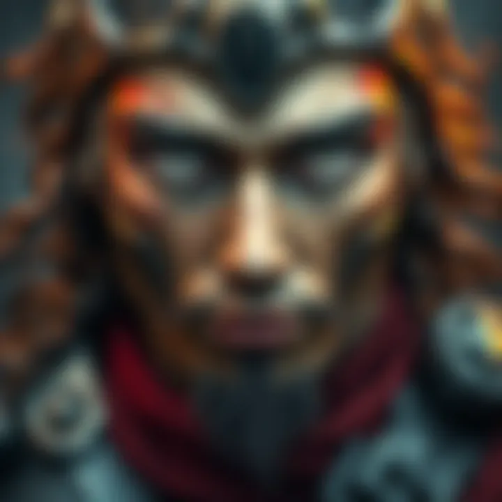 Artwork featuring a warrior character with striking silver eyes, showcasing detailed design and artistic themes.