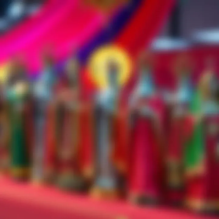 A variety of silver saints showcasing their unique designs and colorful cloths in a vibrant setting